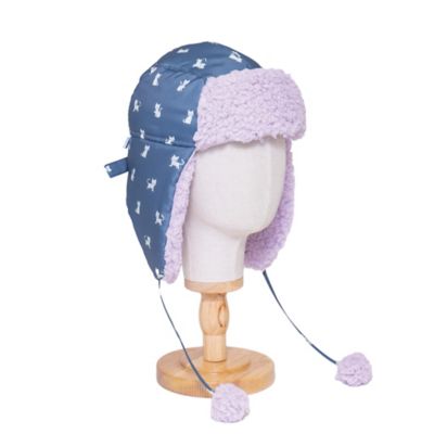 Image showing  The Cozy Trapper Hat - Kittens Print with Orchid Sherpa Liner & Pompoms
