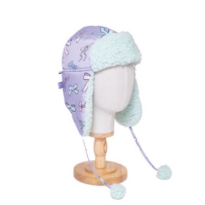 Image showing  The Cozy Trapper Hat - Bows Print with Pale Aqua Sherpa Liner & Pompoms