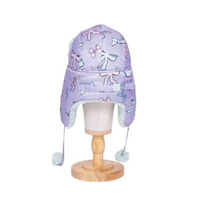 Image showing  The Cozy Trapper Hat - Bows Print with Pale Aqua Sherpa Liner & Pompoms