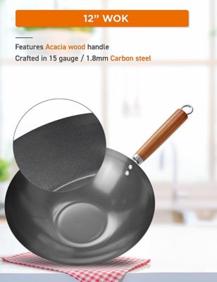 Image showing  12 in. Carbon Steel Wok with Acacia Wood Handle, Non Stick Stir Fry Pan