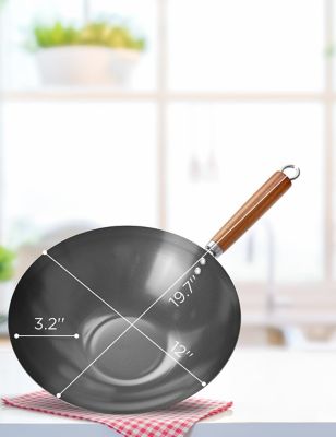Image showing  12 in. Carbon Steel Wok with Acacia Wood Handle, Non Stick Stir Fry Pan