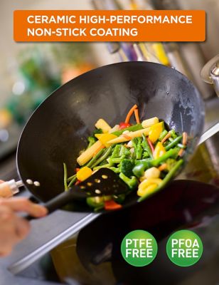 Image showing  12 in. Carbon Steel Wok with Acacia Wood Handle, Non Stick Stir Fry Pan