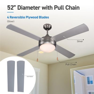 Image showing  52 in. Modern Ceiling Fan with Lights and Dual Chain, 4 Plywood Blades in Silver