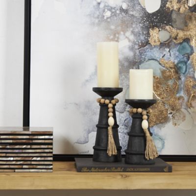 Harper & Willow Wood Handmade Textured Matte Decorative Candle Holder with Beaded Garland Accent