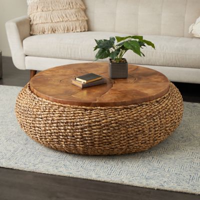 Harper & Willow Rattan Wrapped Living Room Coffee Table with Teak Tabletop