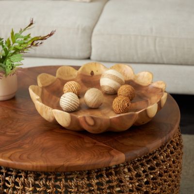 Harper & Willow Teak Wood Handmade Floral Decorative Bowl with Light Brown Tones