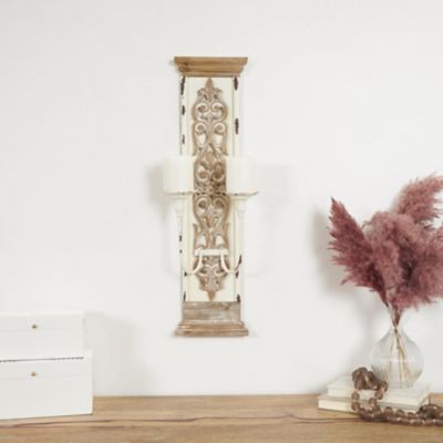 Harper & Willow Wood Pillar 2 Plate Scroll Wall Sconce