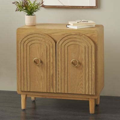 Harper & Willow Wooden Art Deco Inspired Carved Arch 2 Door Geometric Room Cabinet with Gold Ring Handles
