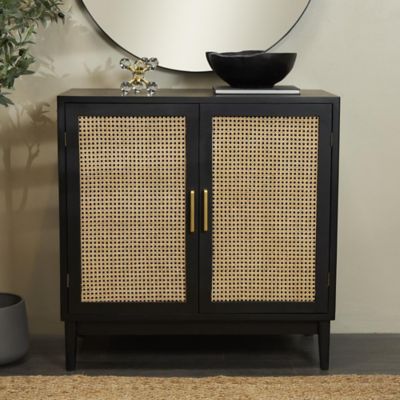 Harper & Willow Wood 2 Door Room Cabinet with Beige Rattan Doors and Gold Handles