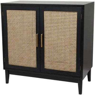 Image showing  Wood 2 Door Room Cabinet with Beige Rattan Doors and Gold Handles