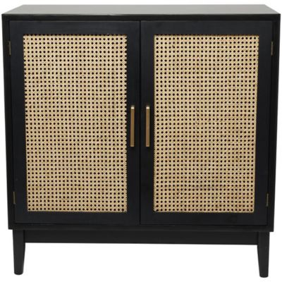 Image showing  Wood 2 Door Room Cabinet with Beige Rattan Doors and Gold Handles