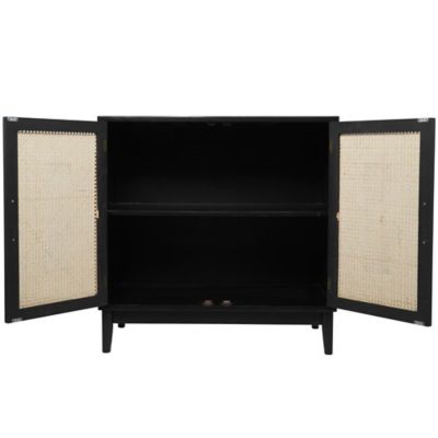 Image showing  Wood 2 Door Room Cabinet with Beige Rattan Doors and Gold Handles