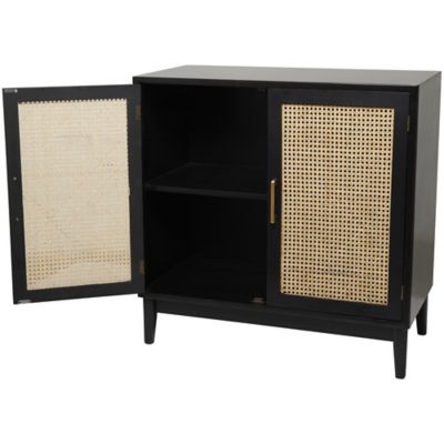 Image showing  Wood 2 Door Room Cabinet with Beige Rattan Doors and Gold Handles