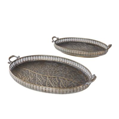 Image showing  Metal Ornate Oval Scroll Living Room Decor Tray with Tree Patterned Interior