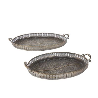 Image showing  Metal Ornate Oval Scroll Living Room Decor Tray with Tree Patterned Interior