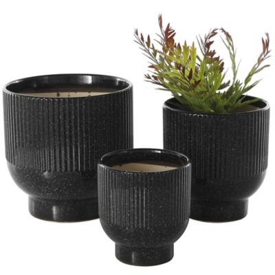 Image showing  Ceramic Speckled Outdoor Planter with Linear Grooves and Tapered Bases