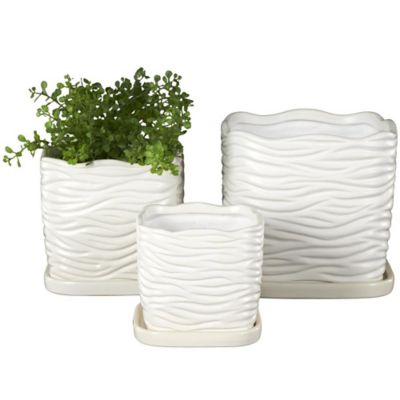 Image showing  Ceramic Wavy Ribbed Outdoor Planter with Attached Saucer