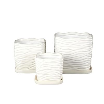 Image showing  Ceramic Wavy Ribbed Outdoor Planter with Attached Saucer
