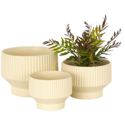 Image showing  Ceramic Wide Outdoor Planter with Linear Grooves and Tapered Bases