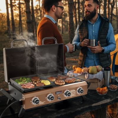 Image showing  4-Burner Portable Tabletop Grill & Griddle Combo with Hood, 40,000 BTU, Bronze Gold