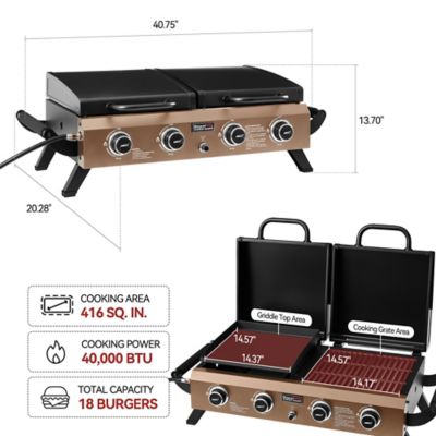 Image showing  4-Burner Portable Tabletop Grill & Griddle Combo with Hood, 40,000 BTU, Bronze Gold