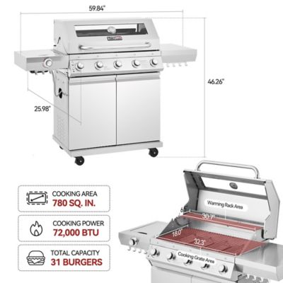 Image showing  Deluxe Stainless Steel 5-Burner Gas Grill, With Visible Upper Cover, 72,000 BTU