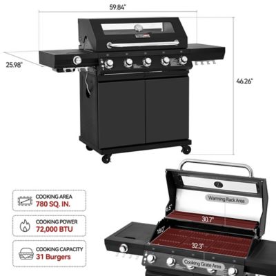 Image showing  5-Burner Gas Grill, With Infrared Side Burner, 72,000 BTU, Visible Upper Cover,Black
