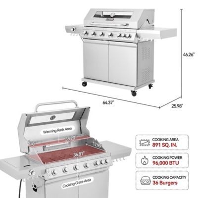 Image showing  Deluxe Stainless Steel 6-Burner Gas Grill with Side & Infrared Rear Burners, 96,000 BTU, 891 Sq. In.