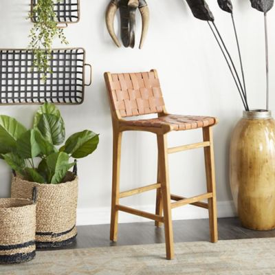 Harper & Willow Teak Wood Woven Leather Seat and Back Kitchen Bar Stool with Beam Footrest