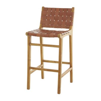 Image showing  Teak Wood Woven Leather Seat and Back Kitchen Bar Stool with Beam Footrest