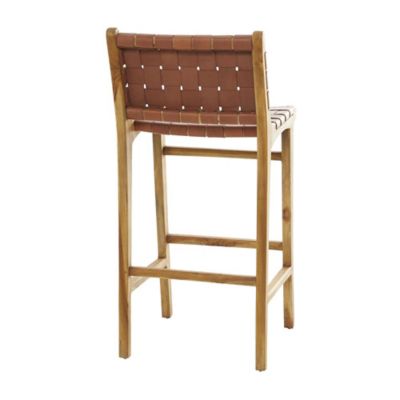 Image showing  Teak Wood Woven Leather Seat and Back Kitchen Bar Stool with Beam Footrest