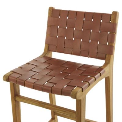 Image showing  Teak Wood Woven Leather Seat and Back Kitchen Bar Stool with Beam Footrest
