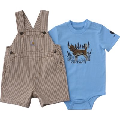 Image showing  Infant Boys Short-Sleeve Bodysuit and Brown Stripe Shortall Set