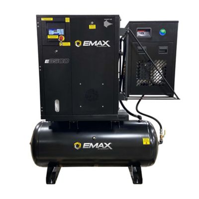 EMAX 15HP 3PH 460V 56CFM Fixed Speed Rotary Screw Compressor mounted on a 120 Gal horizontal Tank swingarm 115CFM Air Dryer