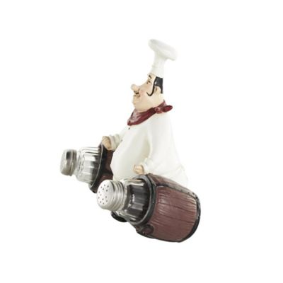 Image showing  Polystone Figurine Chef Decorative Salt and Pepper Shaker Holder with Wood Barrel Accents