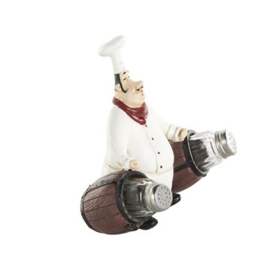 Image showing  Polystone Figurine Chef Decorative Salt and Pepper Shaker Holder with Wood Barrel Accents