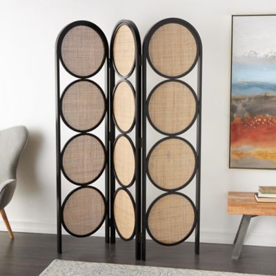 Harper & Willow Wooden Handmade Arched Foldable 3 Panel Geometric Partition Room Divider Screen with Woven Cutouts