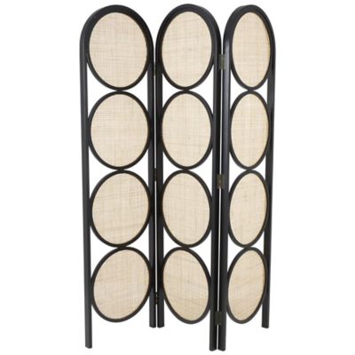 Image showing  Wooden Handmade Arched Foldable 3 Panel Geometric Partition Room Divider Screen with Woven Cutouts