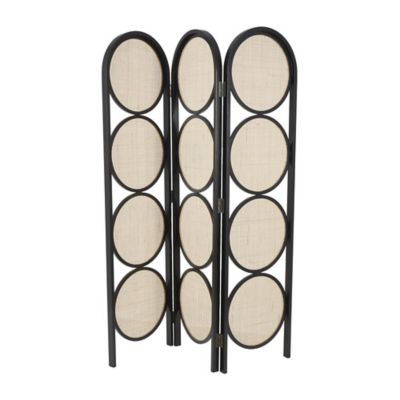 Image showing  Wooden Handmade Arched Foldable 3 Panel Geometric Partition Room Divider Screen with Woven Cutouts