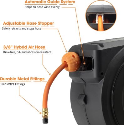 Image showing 5 th Giraffe Tools Retractable Air Hose Reel, Wall Mounted with 180 deg. Swivel Bracket, 3/8 in. - 50 ft., LW Compressor Hose Reel