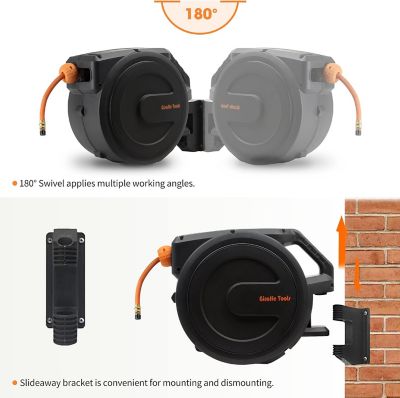 Image showing 6 th Giraffe Tools Retractable Air Hose Reel, Wall Mounted with 180 deg. Swivel Bracket, 3/8 in. - 50 ft., LW Compressor Hose Reel