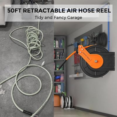 Image showing 6 th Giraffe Tools Retractable Air Hose Reel, Wall Mounted 3/8 in. - 50 ft., Auto Rewind, 300PSI, without Bracket