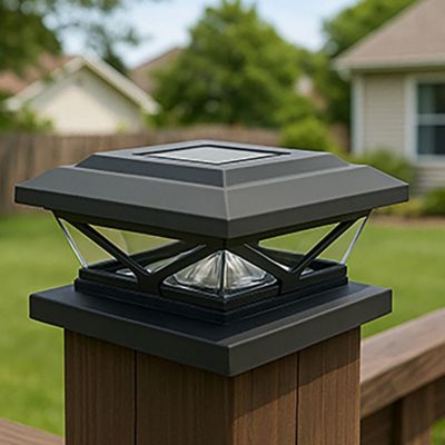 Image showing 8 th Home Zone Security Crown-Style Solar-Powered LED Post Cap Light with Adjustable Color Temperature, 4 Pack (Black)
