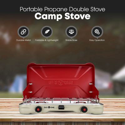 Image showing  Portable Propane Double Camp Stove with Auto Turn Ignition Red