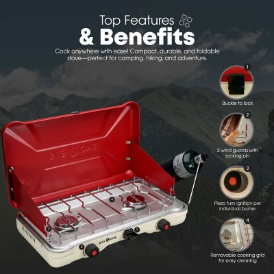 Image showing  Portable Propane Double Camp Stove with Auto Turn Ignition Red