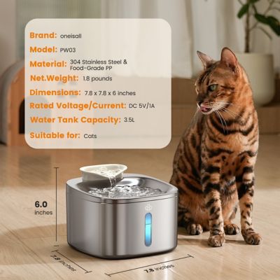 Image showing 7 th Oneisall PW03 Stainless Steel Cat Water Fountain - 3.5L/118 oz., Quiet, Auto, with 3 Filters