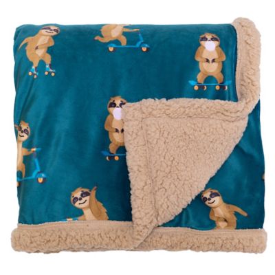 Image showing  Cozy Reversible - Skating Sloths Sherpa Blanket with Embroidered Applique