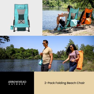 Image showing 1 th Arrowhead Outdoor Portable Reclinable Low-Profile Folding Beach Chair with Padded Headrest, Cup-Holder, and Carry Bag, 2 Pack