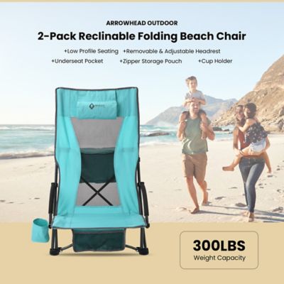 Image showing 2 th Arrowhead Outdoor Portable Reclinable Low-Profile Folding Beach Chair with Padded Headrest, Cup-Holder, and Carry Bag, 2 Pack