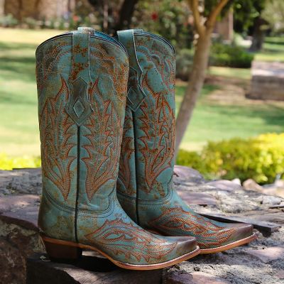 Image showing  Women's Embroidery Vintage Worn Finish Snip Toe Goat Cowgirl Boots